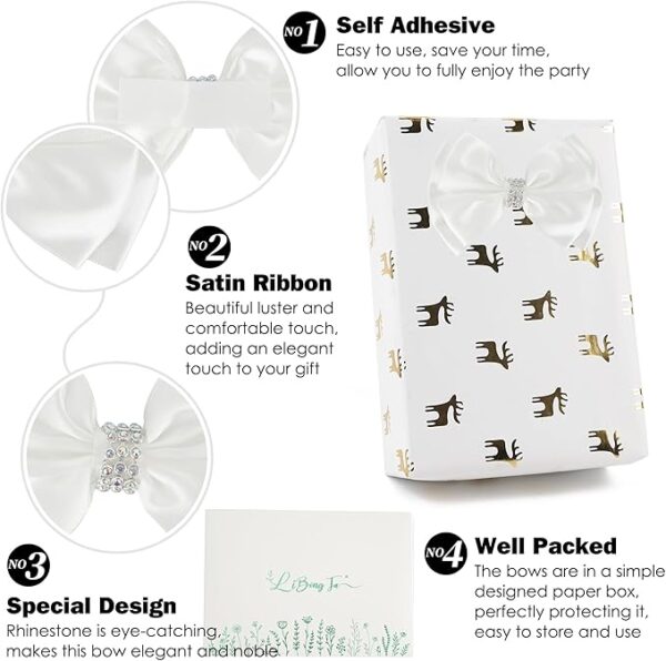 White Satin Rhinestone Ribbon Bows – 4", 12-Pack Gift Wrap Bows - Image 3