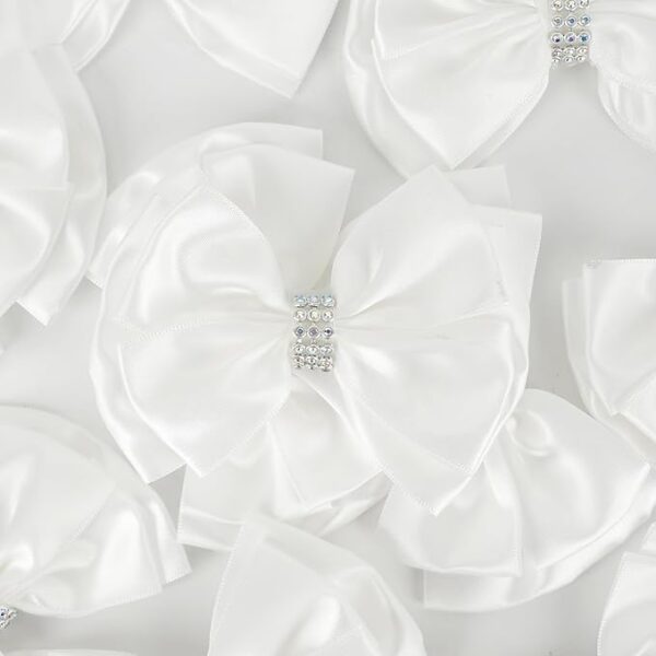White Satin Rhinestone Ribbon Bows – 4", 12-Pack Gift Wrap Bows - Image 4