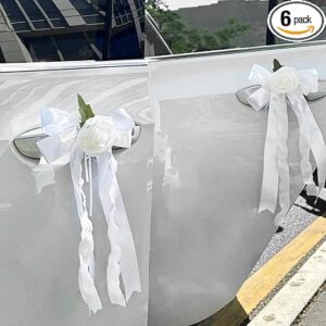 6PCS White Wedding Car Door Handle Flowers – Just Married Bowknot Decor