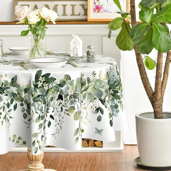Green Eucalyptus Round Tablecloth – 70"x70", Washable Seasonal Decor - Image 3