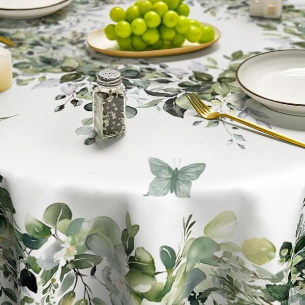 Green Eucalyptus Round Tablecloth – 70"x70", Washable Seasonal Decor - Image 4