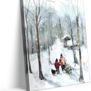 Family & Dog Snowy Forest Canvas Art