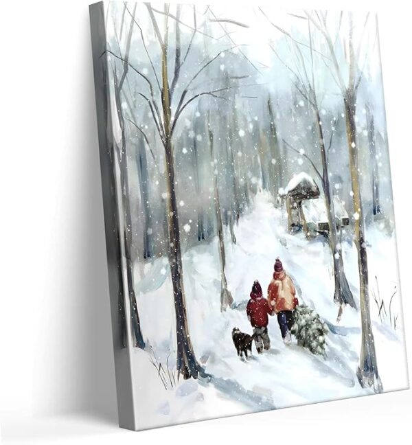 Family & Dog Snowy Forest Canvas Art