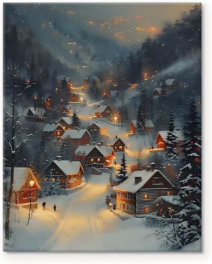 Snowy Village Christmas Canvas Art