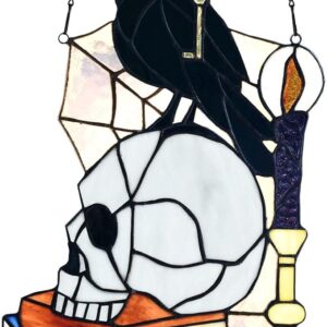 Stained Glass Panel – Raven on Skull with Key, Halloween Decor