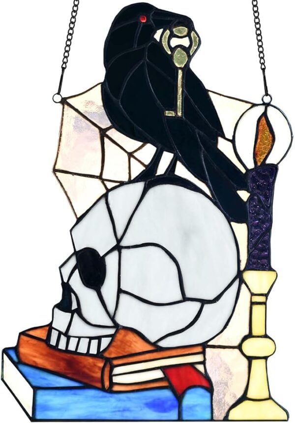 Stained Glass Panel – Raven on Skull with Key, Halloween Decor