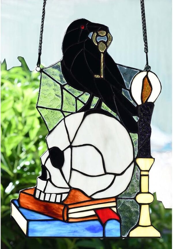 Stained Glass Panel – Raven on Skull with Key, Halloween Decor - Image 2