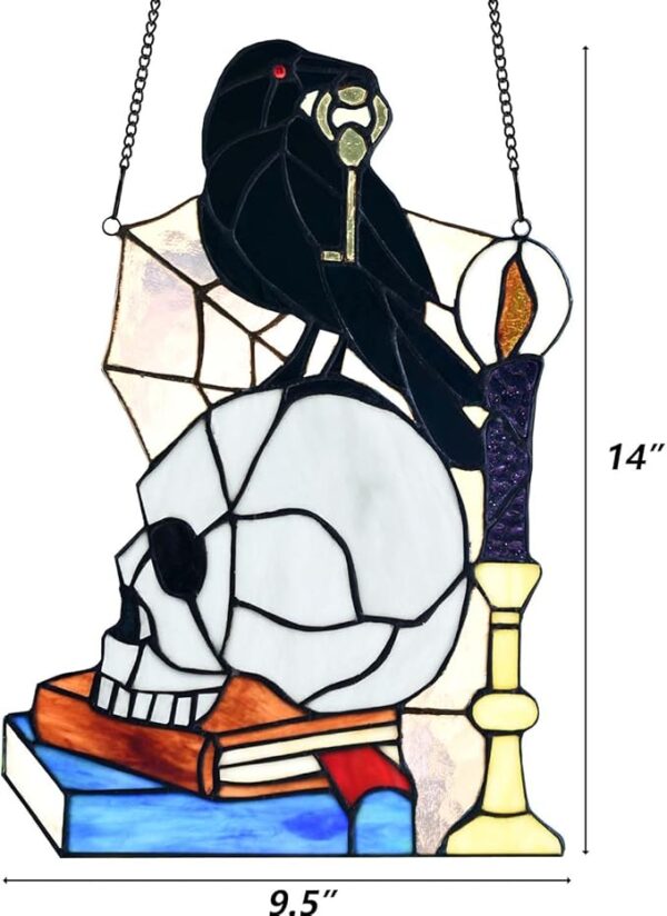Stained Glass Panel – Raven on Skull with Key, Halloween Decor - Image 4