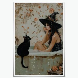 Witch & Cat Halloween Print - 12x18in Unframed