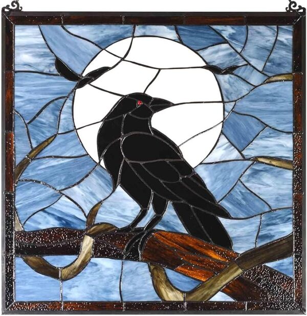 Stained Glass Panel – Raven & Full Moon, 22"x22" Halloween Decor