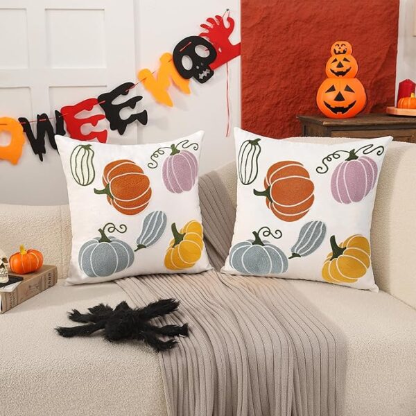 Fall Pillow Covers 18x18 – Set of 2 Embroidered Pumpkin Throw Pillows - Image 2