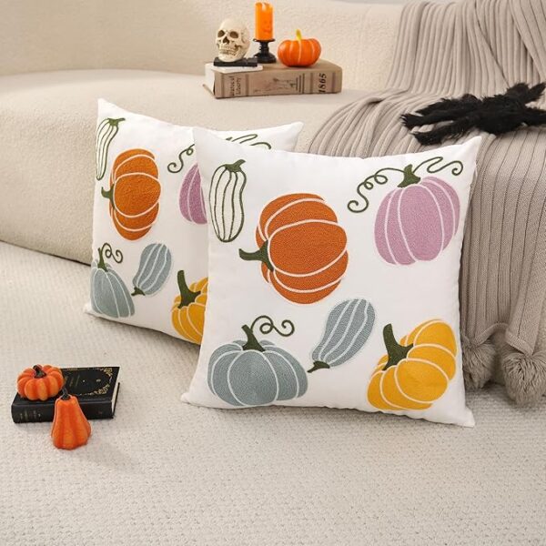 Fall Pillow Covers 18x18 – Set of 2 Embroidered Pumpkin Throw Pillows - Image 3
