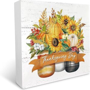 Fall Wood Box Sign - Pumpkin Leaves Sunflower (7x7in)