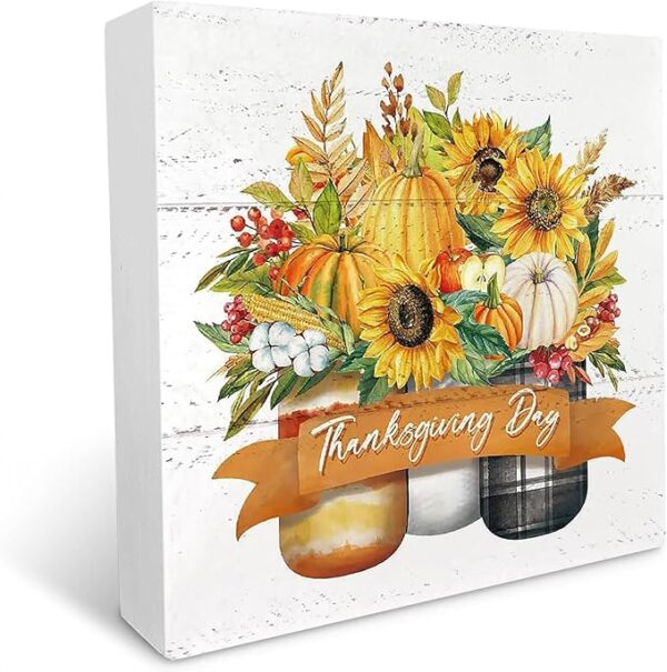 Fall Wood Box Sign - Pumpkin Leaves Sunflower (7x7in)