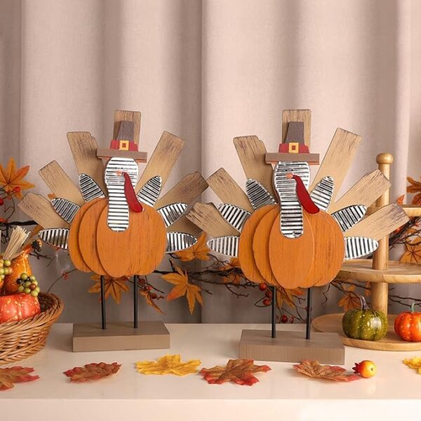 2-Pack Wooden Turkey Decor – Indoor Thanksgiving Centerpieces - Image 2