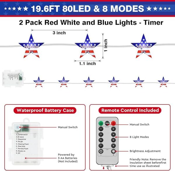 2-Pack 4th of July Star Lights - 19.6FT (8 Modes & Timer) - Image 2