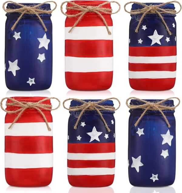 6-Pc American Flag Mason Jars - 4th of July Decor