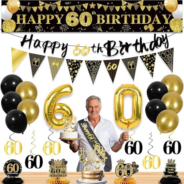 27pc Black Gold 60th Birthday Decorations for Men