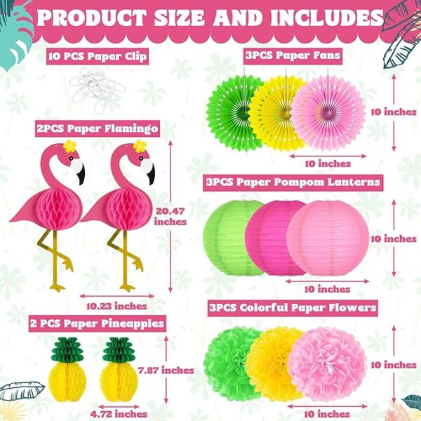 13PCS Hawaiian Luau Decor – Flamingo, Pineapple, Fans & Lanterns - Image 2