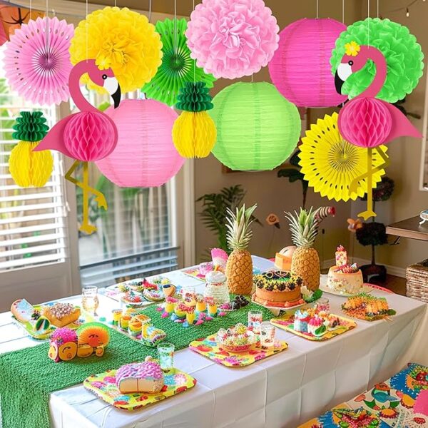 13PCS Hawaiian Luau Decor – Flamingo, Pineapple, Fans & Lanterns - Image 4
