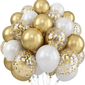 60-Pack White & Gold Party Balloons - 12" Latex & Confetti