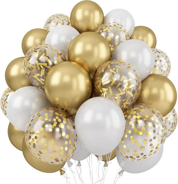 60-Pack White & Gold Party Balloons - 12" Latex & Confetti
