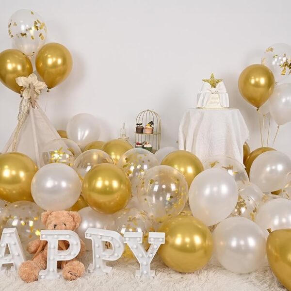 60-Pack White & Gold Party Balloons - 12" Latex & Confetti - Image 3