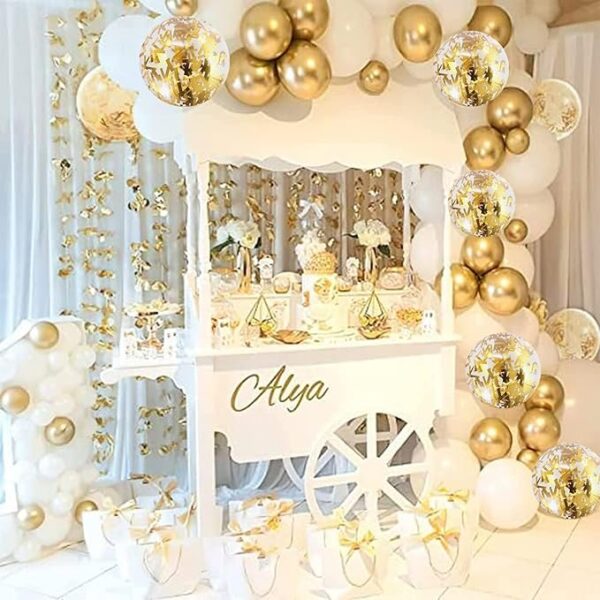 60-Pack White & Gold Party Balloons - 12" Latex & Confetti - Image 4