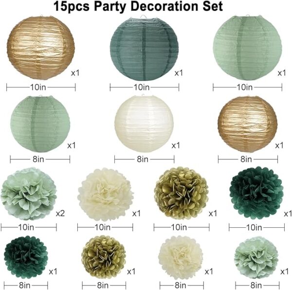 15pc Sage Green Party Decorations - Lanterns & Pom Poms - Image 2