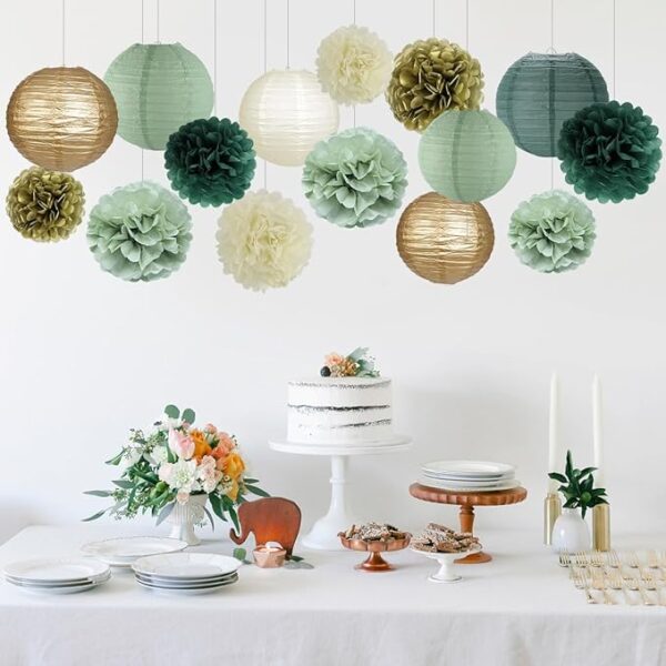 15pc Sage Green Party Decorations - Lanterns & Pom Poms - Image 3