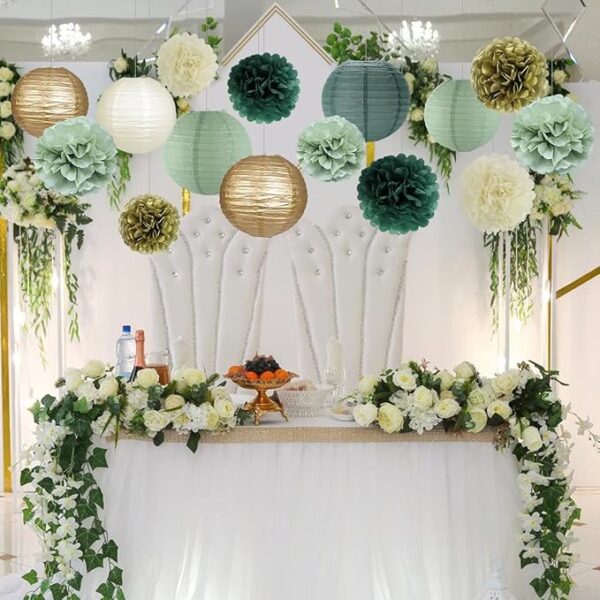 15pc Sage Green Party Decorations - Lanterns & Pom Poms - Image 4