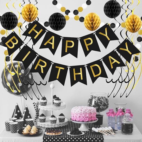 Black & Gold Happy Birthday Decorations Set - Image 3