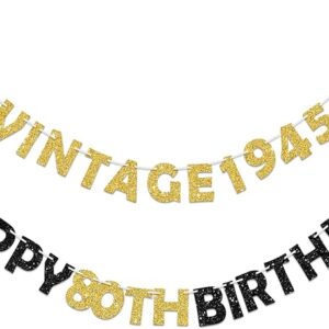 Pre-Strung 80th Birthday Banner - Black & Gold Glitter (Vintage 1945)