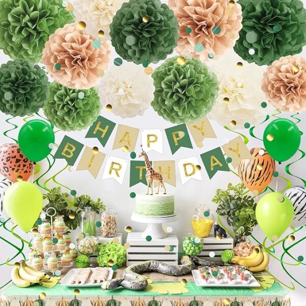 Green Birthday Decorations Set - Pom Poms, Banner & More - Image 4