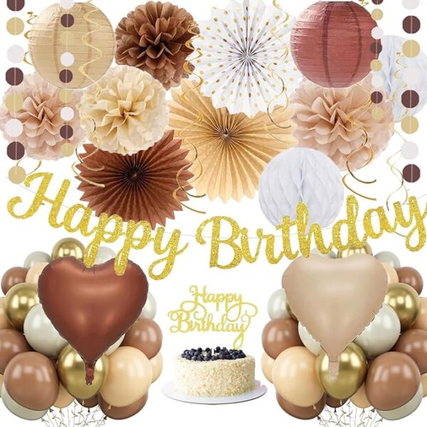 62pc Boho Brown White Birthday Decorations Set