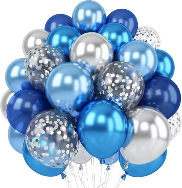 Blue Silver Balloon Set - 12" Latex & Confetti Balloons
