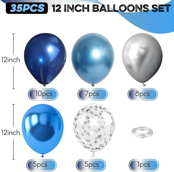 Blue Silver Balloon Set - 12" Latex & Confetti Balloons - Image 2