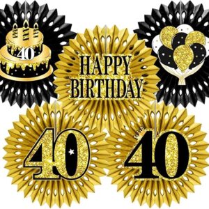 40th Birthday Paper Fan Decorations - 5pc Black & Gold