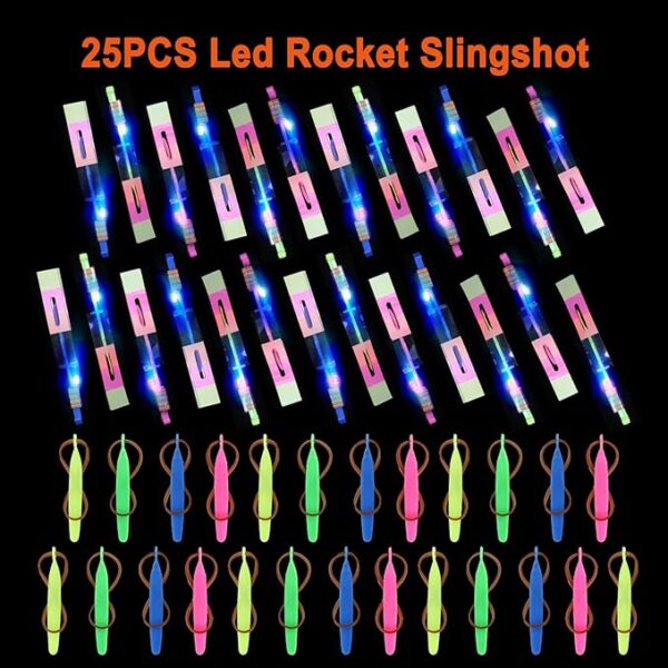 25 Sets LED Flying Toys – Slingshot & Glow Helicopter Combo (50 Pieces), Outdoor Glow-in-the-Dark Party Favors for Kids Ages 4-12 - Image 2