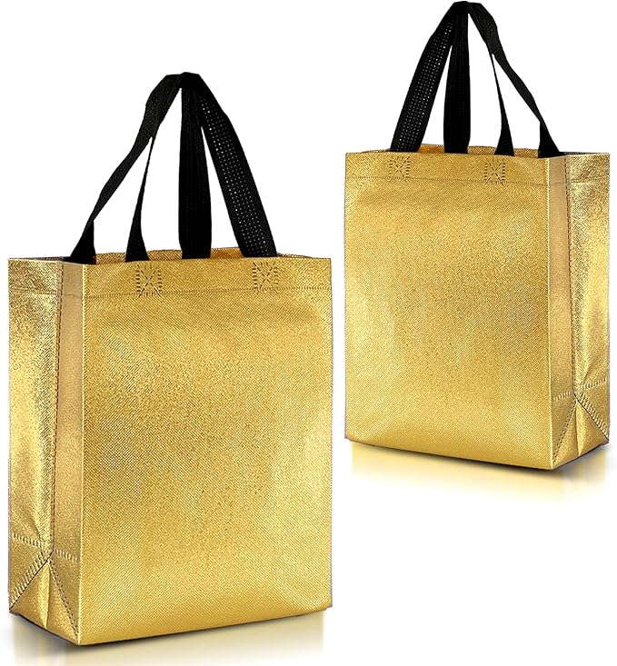 Gold Gift Bags, Medium 12-Pack – Reusable with Handles for Gifts & Party Favors (8"x4"x10")