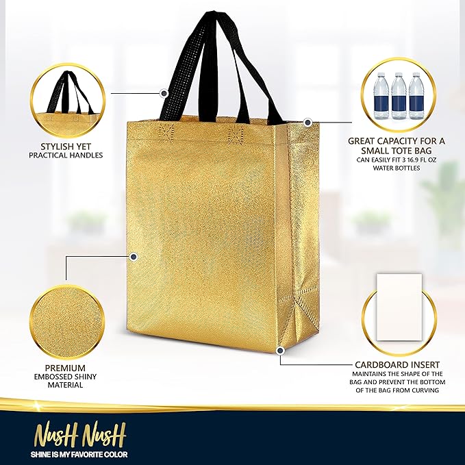 Gold Gift Bags, Medium 12-Pack – Reusable with Handles for Gifts & Party Favors (8"x4"x10") - Image 4