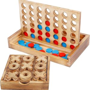 Tic Tac Toe & 4-in-a-Row Wooden Board Game Set – Rustic Family Strategy Games