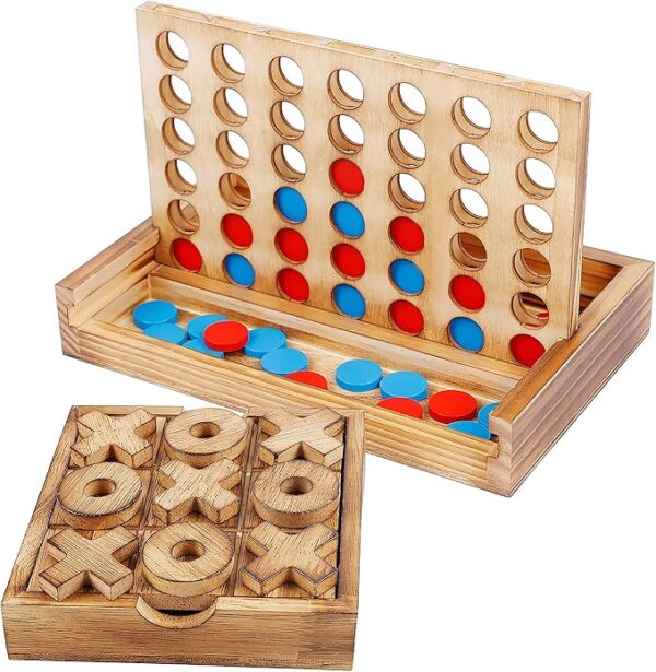 Tic Tac Toe & 4-in-a-Row Wooden Board Game Set – Rustic Family Strategy Games