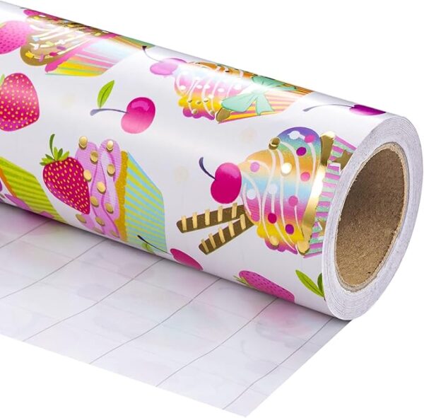 Gold Foil Wrapping Paper, Mini Roll (17"x16.5') – Cupcake Design - Image 2