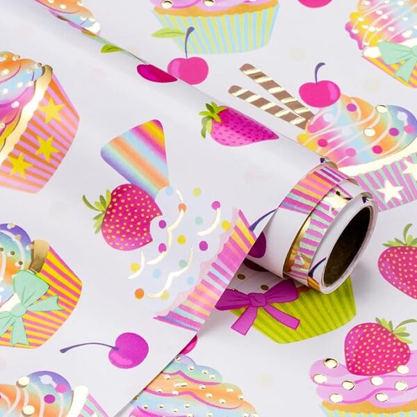 Gold Foil Wrapping Paper, Mini Roll (17"x16.5') – Cupcake Design - Image 3