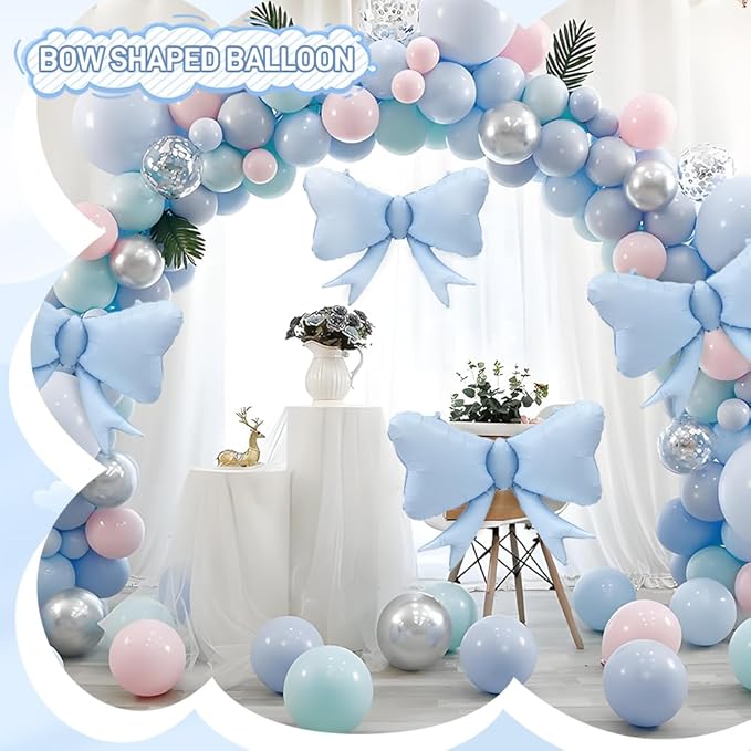 4pc Jumbo Macaron Blue Ribbon Balloons - Coquette Bow Decor - Image 2