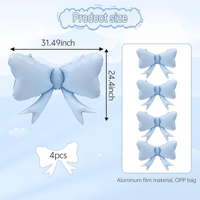 4pc Jumbo Macaron Blue Ribbon Balloons - Coquette Bow Decor - Image 3