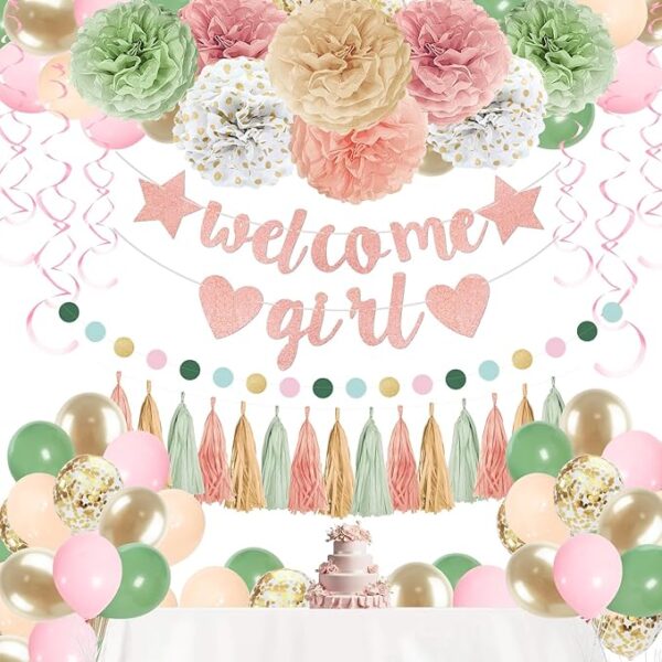 Sage Green & Pink Baby Shower Decor – Banner, Balloons & Garland