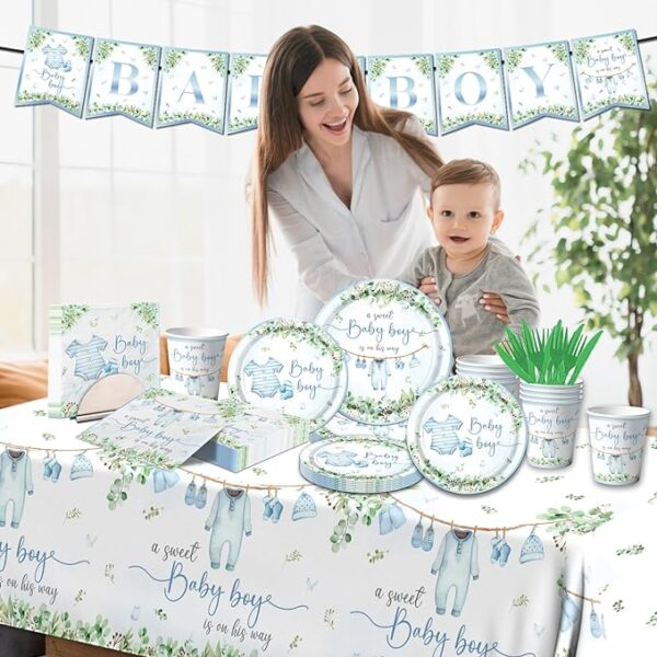 Baby Shower Tableware Set – Blue Boy Plates, Napkins, Cups & Tablecloth - Image 2