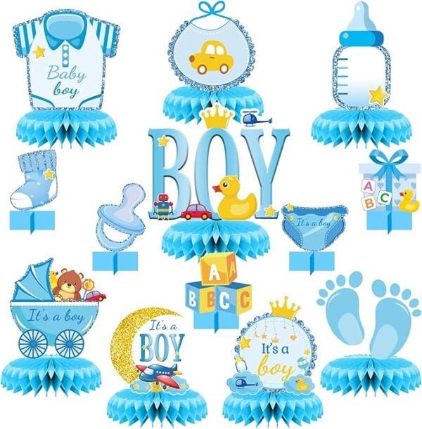 13PCS Boy Honeycomb Centerpieces – Baby Shower & Gender Reveal Table Decorations